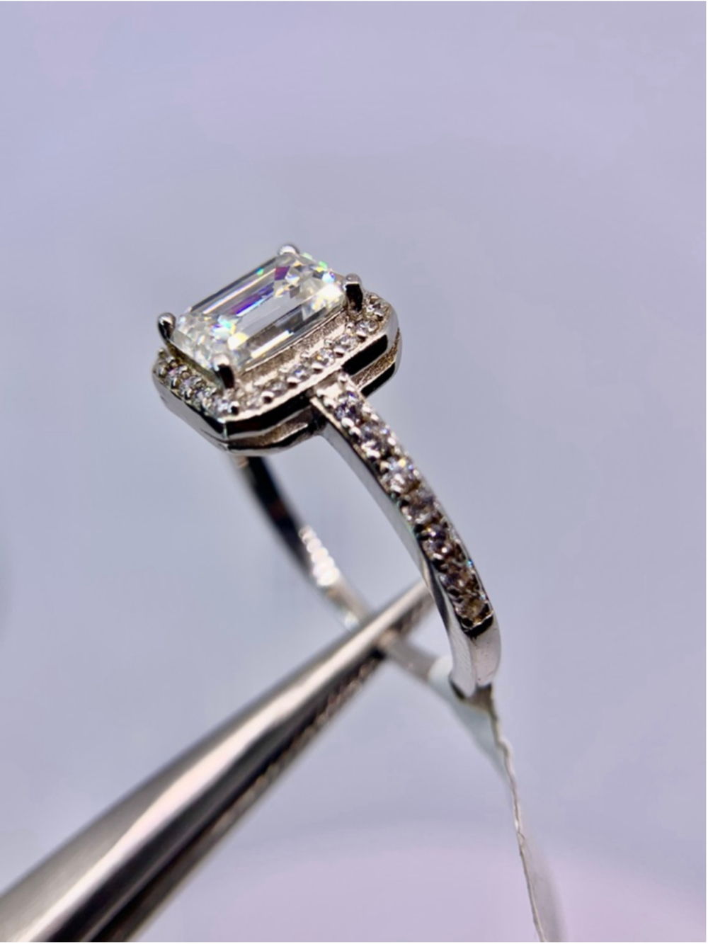 Emerald Cut Halo Moissanite Ring 925 Silver GRA 1 Ct - Picture 9 of 14
